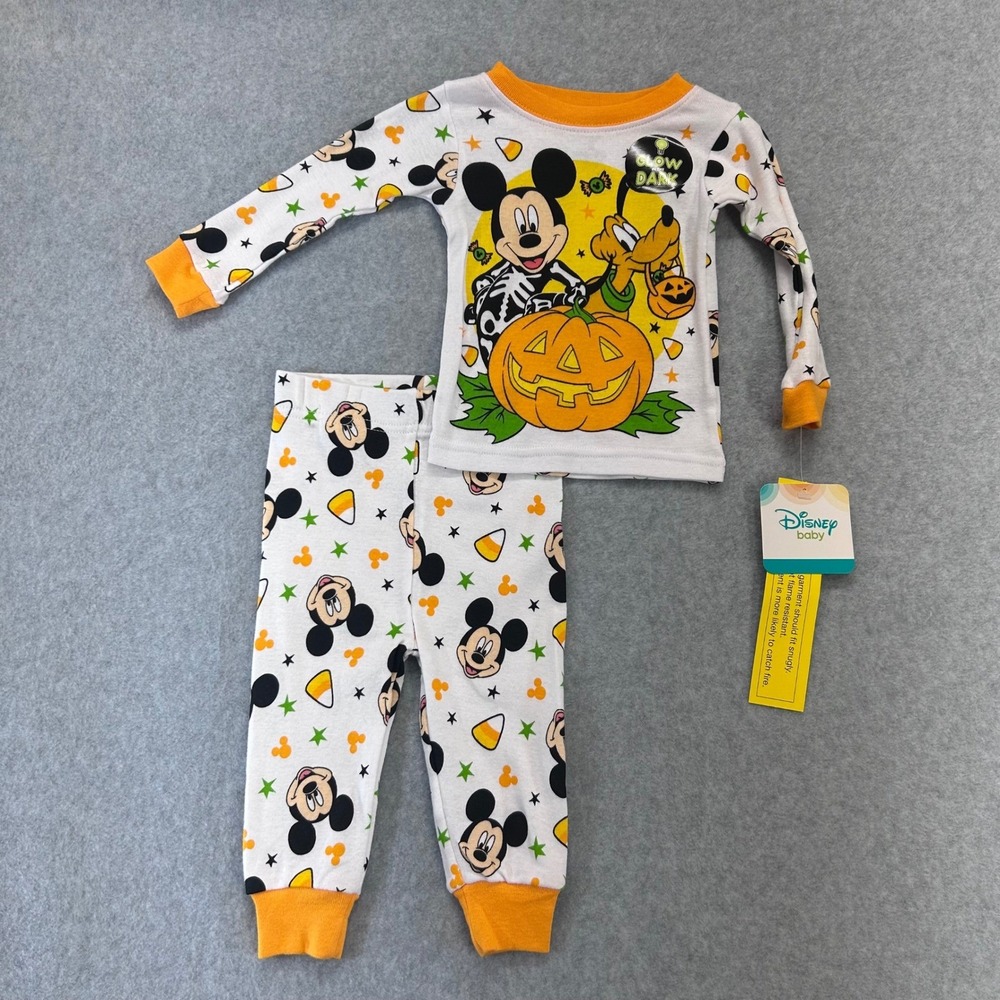 Mickey Skeleton Pluto Kids Orange Disney Baby Pajama Set Glow Dark 12M